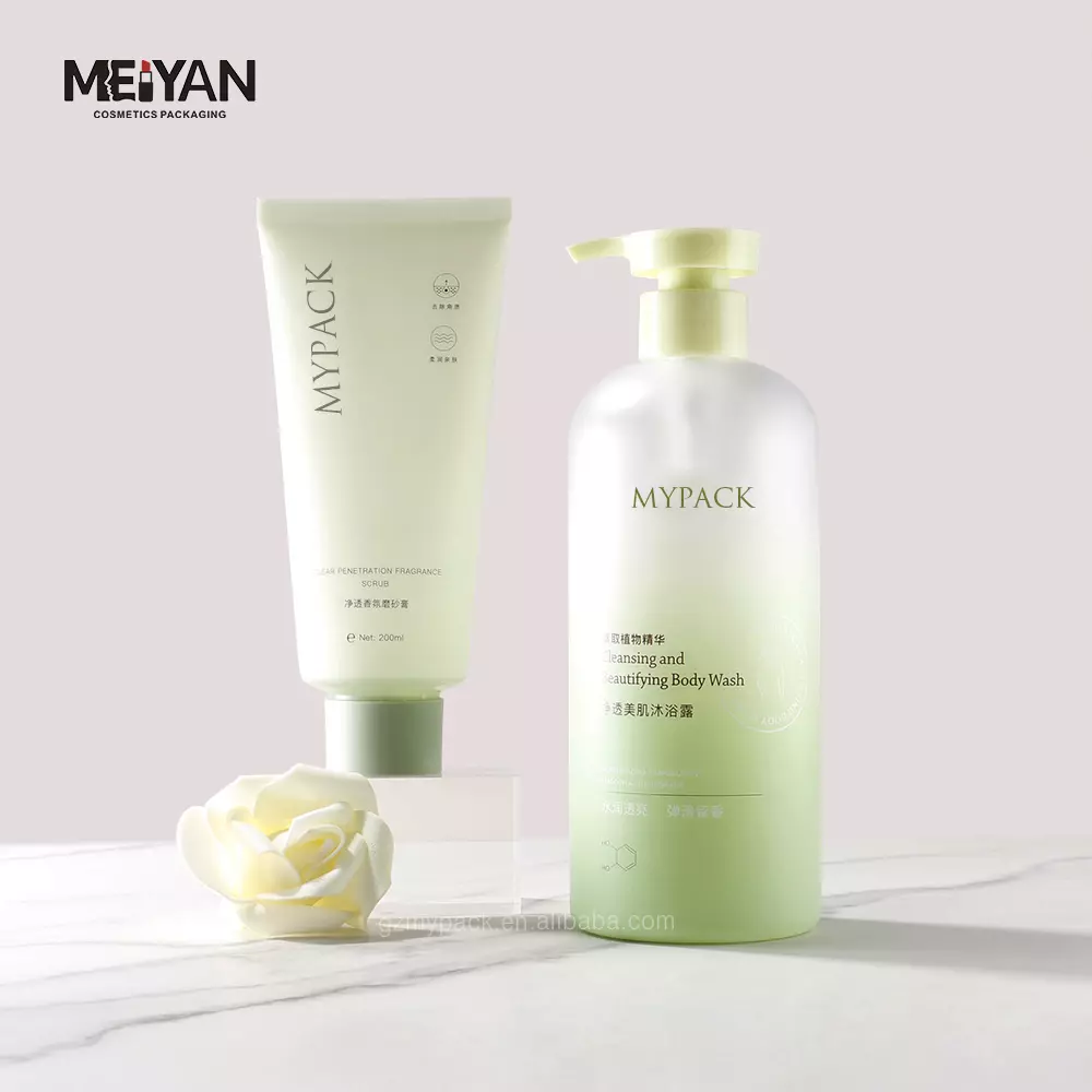 MYPACK luxury round pet gradient green translucence clear frosted liquid body wash bottle with lotion pump 400ml 500ml