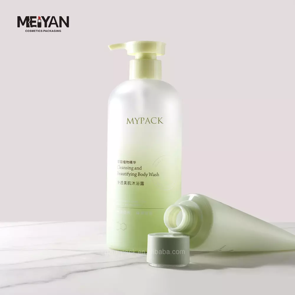 MYPACK luxury round pet gradient green translucence clear frosted liquid body wash bottle with lotion pump 400ml 500ml