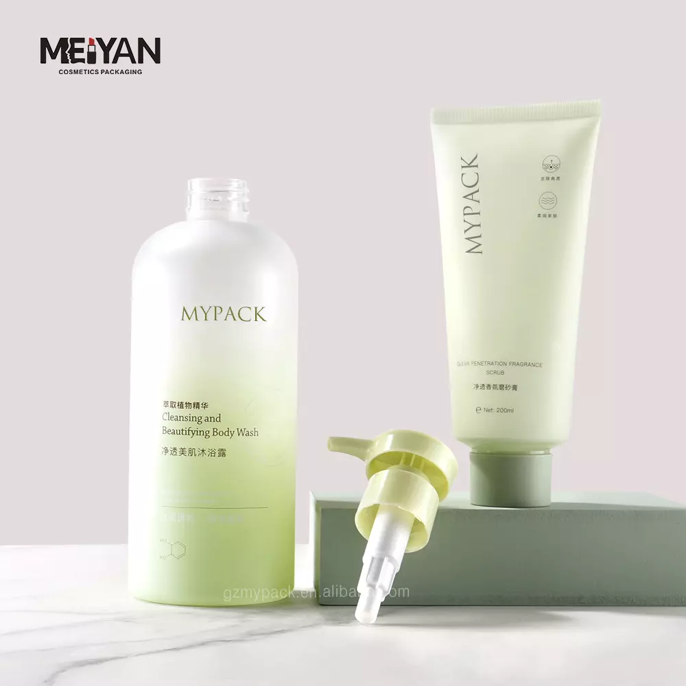 MYPACK luxury round pet gradient green translucence clear frosted liquid body wash bottle with lotion pump 400ml 500ml