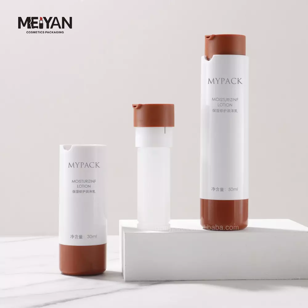 MYPACK custom empty round ABS glossy white brown replaceable travel refillable sunscreen bottle 30ml 50ml