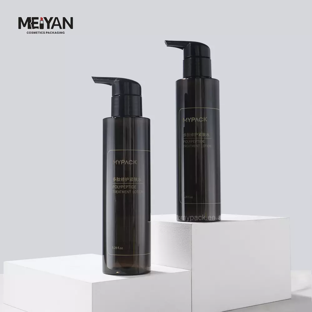 MYPACK black pet 150ml custom logo round cosmetic packaging plastic lotion hair oil lotion bottle with pump