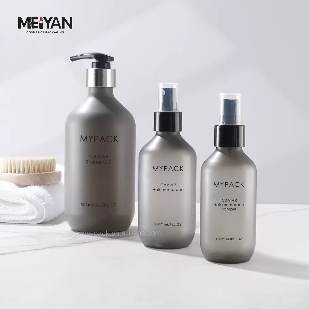 MYPACK boston round gray plastic spray bottle grey frosted pet plastic Shampoo and conditioner lotion pump bottle 300ml 500ml