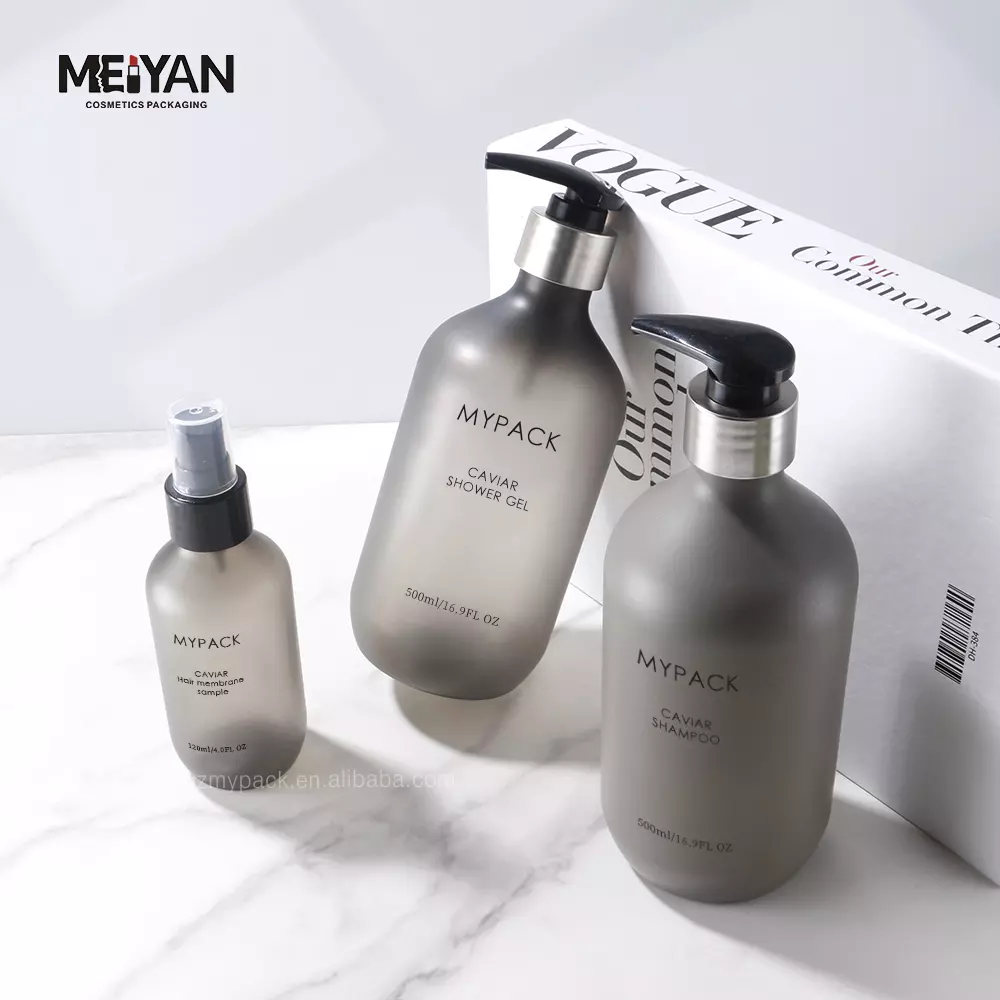 MYPACK boston round gray plastic spray bottle grey frosted pet plastic Shampoo and conditioner lotion pump bottle 300ml 500ml