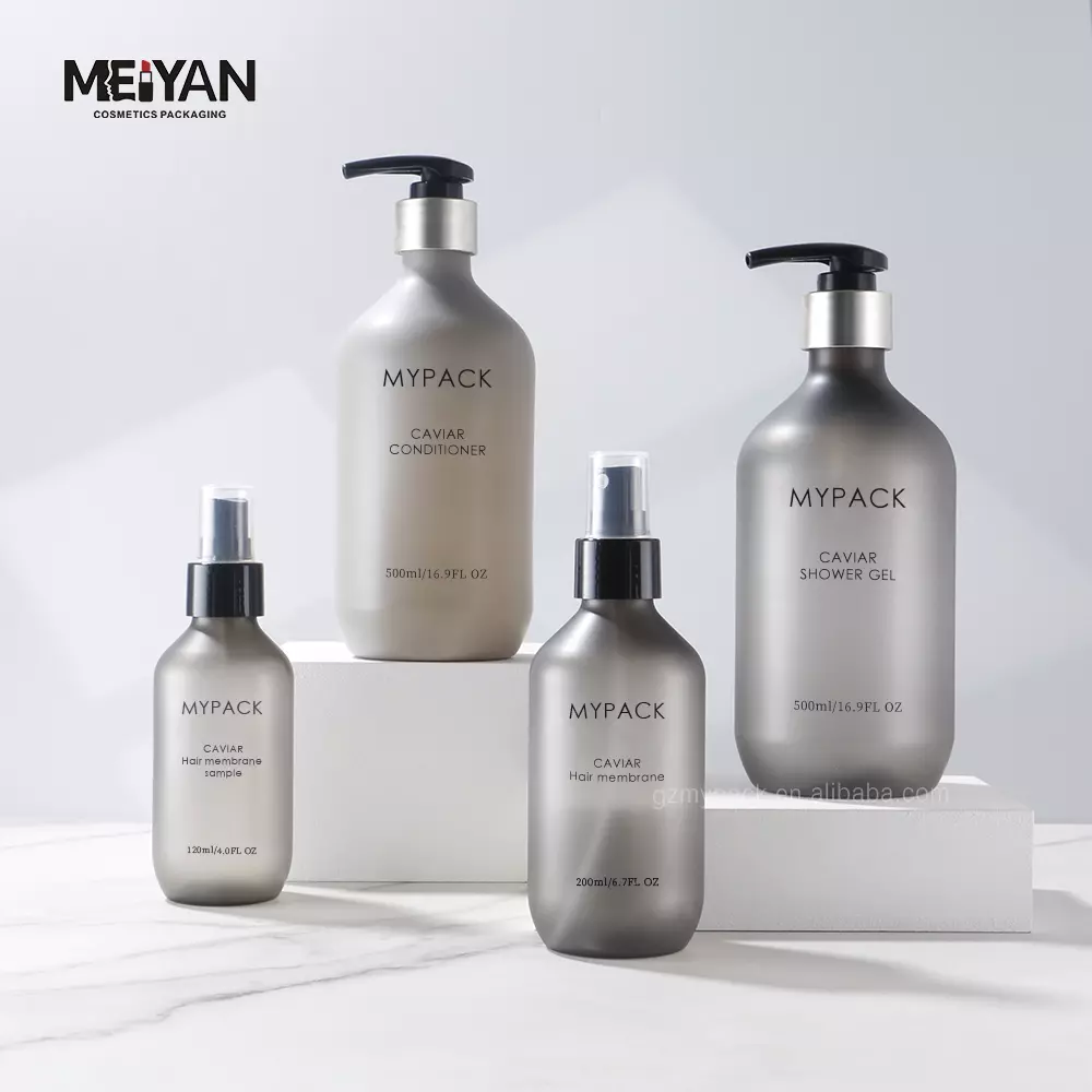 MYPACK boston round gray plastic spray bottle grey frosted pet plastic Shampoo and conditioner lotion pump bottle 300ml 500ml