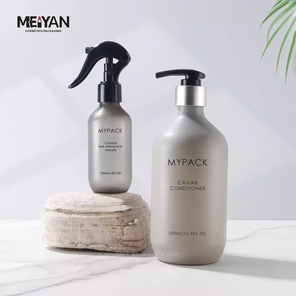 MYPACK boston round gray plastic spray bottle grey frosted pet plastic Shampoo and conditioner lotion pump bottle 300ml 500ml