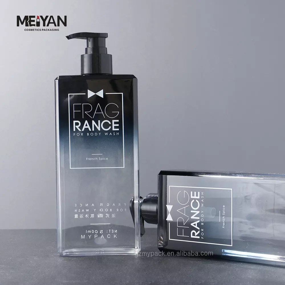 MYPACK custom printed black blue gradient flat square petg 500ml plastic empty lotion shampoo bottles with pump