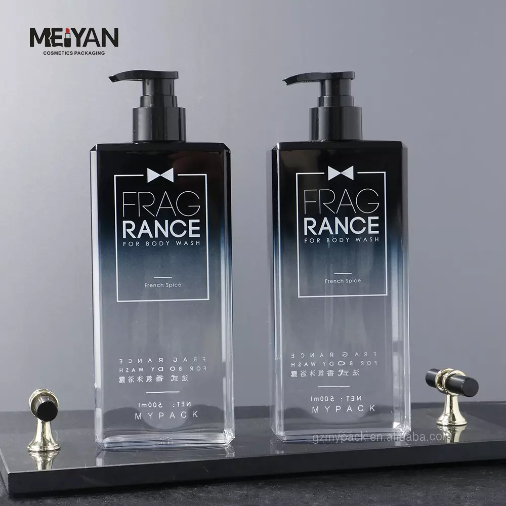 MYPACK custom printed black blue gradient flat square petg 500ml plastic empty lotion shampoo bottles with pump