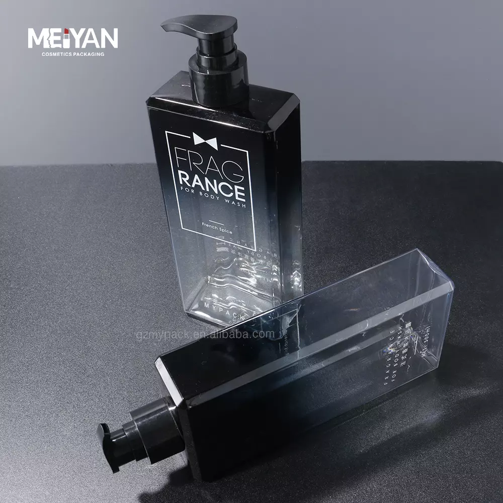 MYPACK custom printed black blue gradient flat square petg 500ml plastic empty lotion shampoo bottles with pump