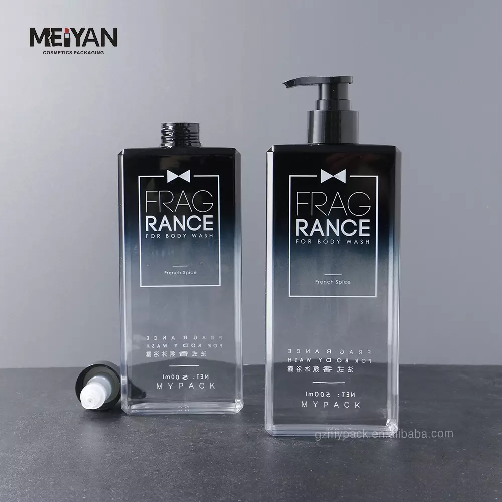 MYPACK custom printed black blue gradient flat square petg 500ml plastic empty lotion shampoo bottles with pump