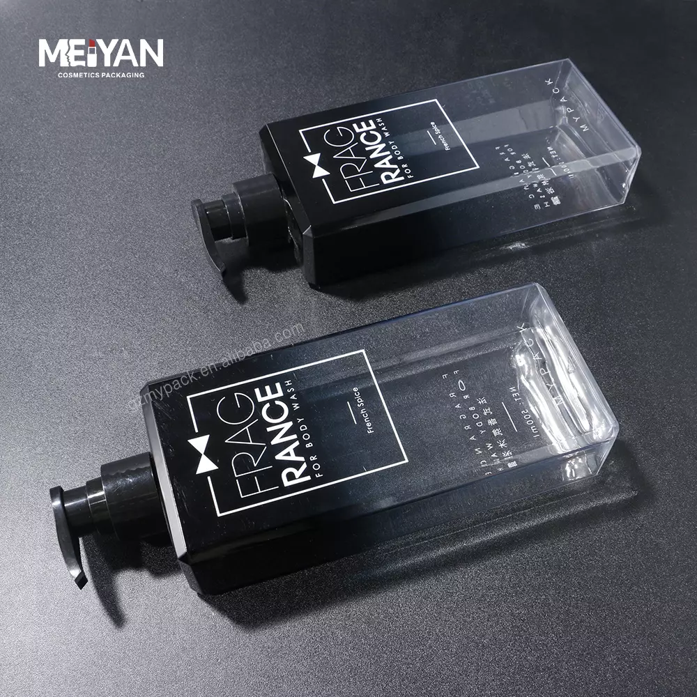 MYPACK custom printed black blue gradient flat square petg 500ml plastic empty lotion shampoo bottles with pump