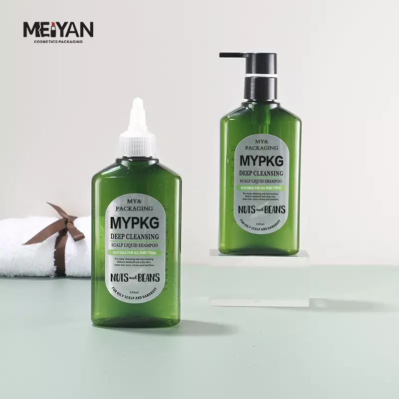 MYPACK luxury green transparent flat square shape pet bottle 8oz lotion bottle with silver pump