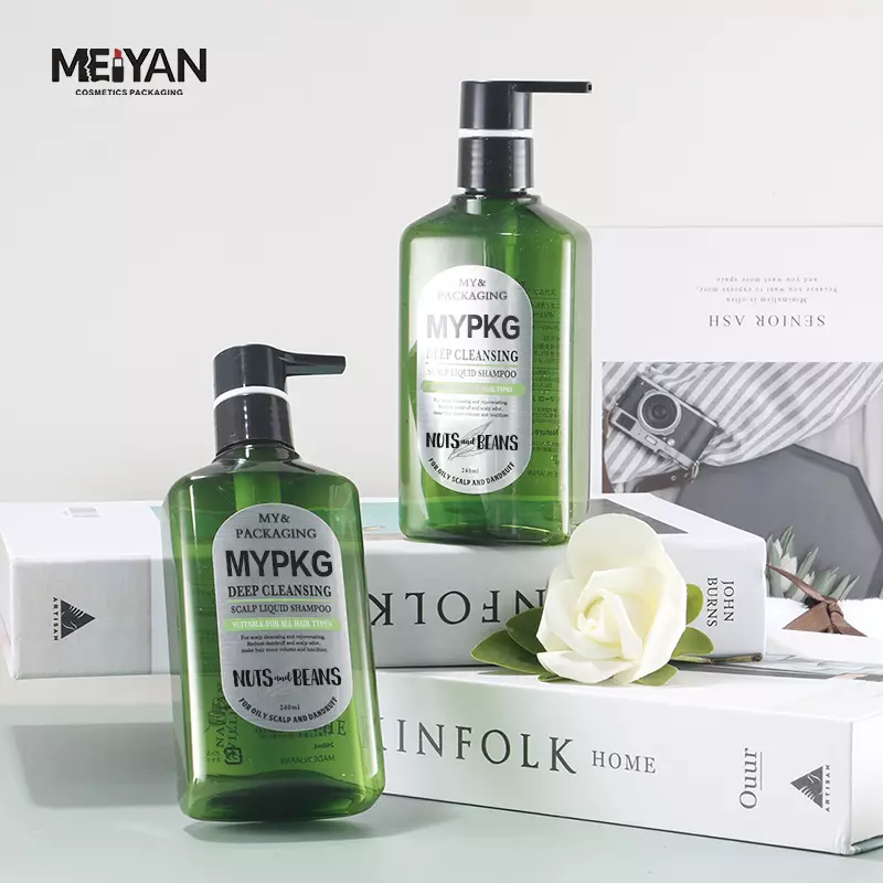 MYPACK luxury green transparent flat square shape pet bottle 8oz lotion bottle with silver pump