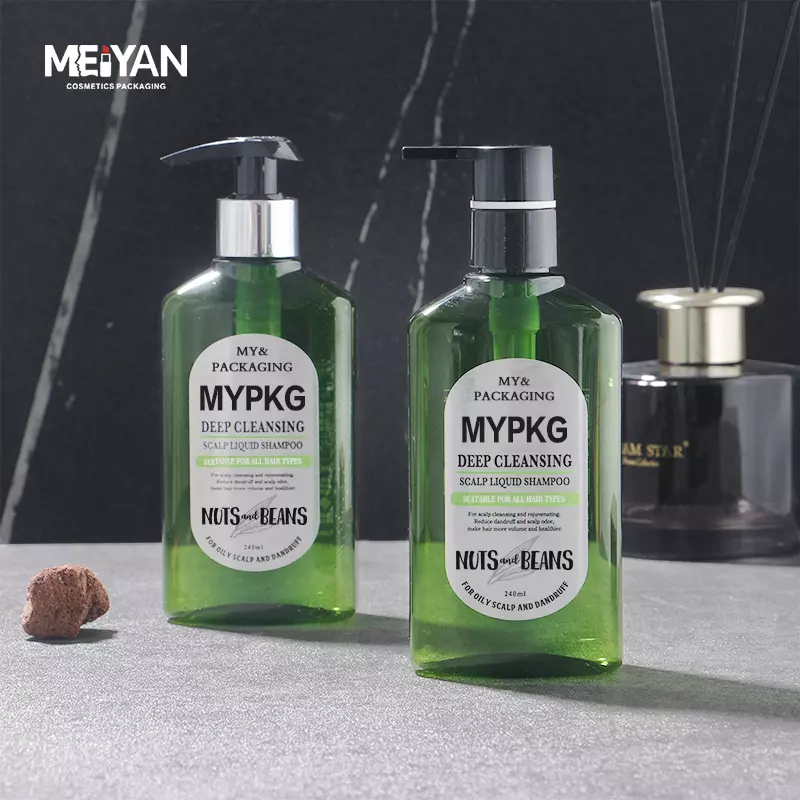 MYPACK luxury green transparent flat square shape pet bottle 8oz lotion bottle with silver pump