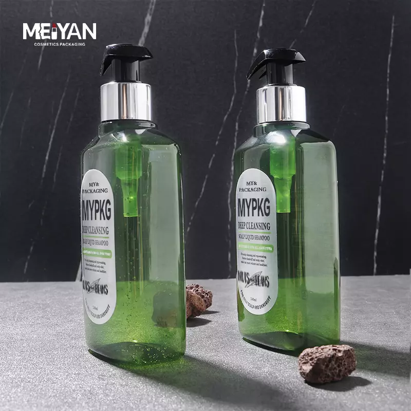 MYPACK luxury green transparent flat square shape pet bottle 8oz lotion bottle with silver pump