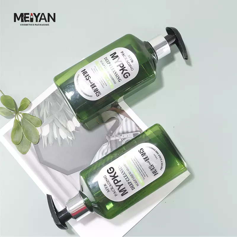 MYPACK luxury green transparent flat square shape pet bottle 8oz lotion bottle with silver pump