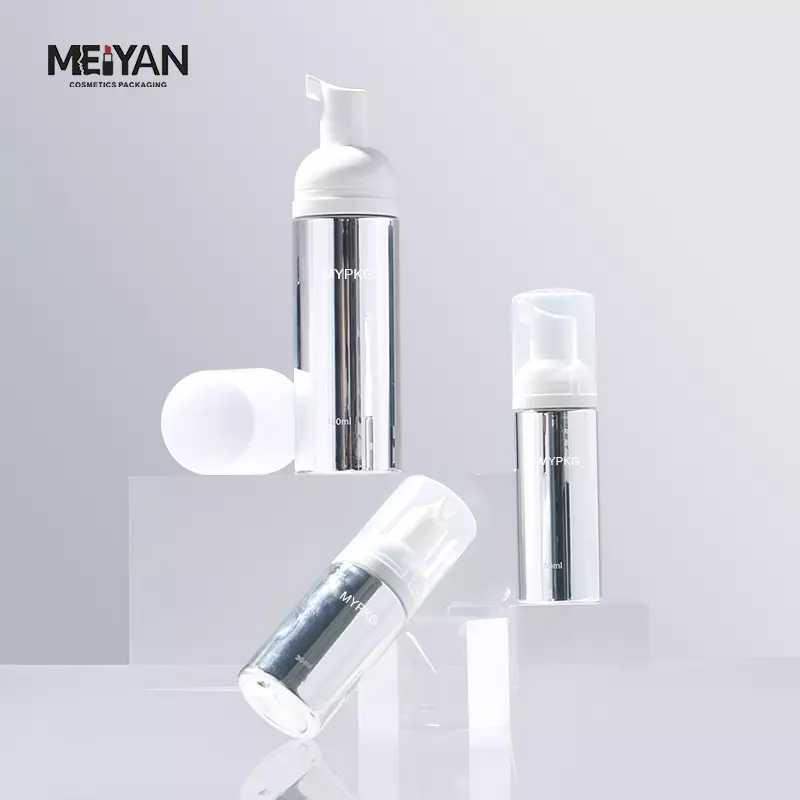 MYPACK luxury round silver aluminum plastic small foam bottle sample mini travel size 30ml 50ml 80ml 100ml foam pump bottle