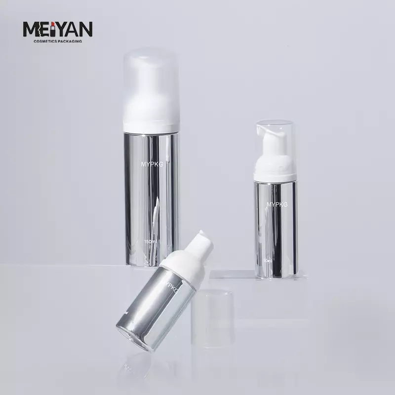 MYPACK luxury round silver aluminum plastic small foam bottle sample mini travel size 30ml 50ml 80ml 100ml foam pump bottle