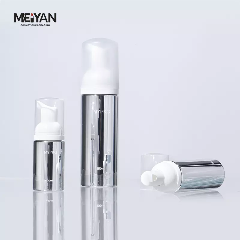 MYPACK luxury round silver aluminum plastic small foam bottle sample mini travel size 30ml 50ml 80ml 100ml foam pump bottle