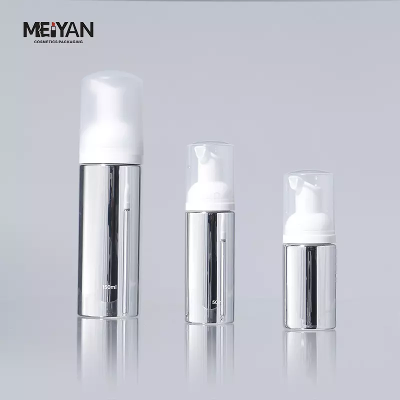 MYPACK luxury round silver aluminum plastic small foam bottle sample mini travel size 30ml 50ml 80ml 100ml foam pump bottle