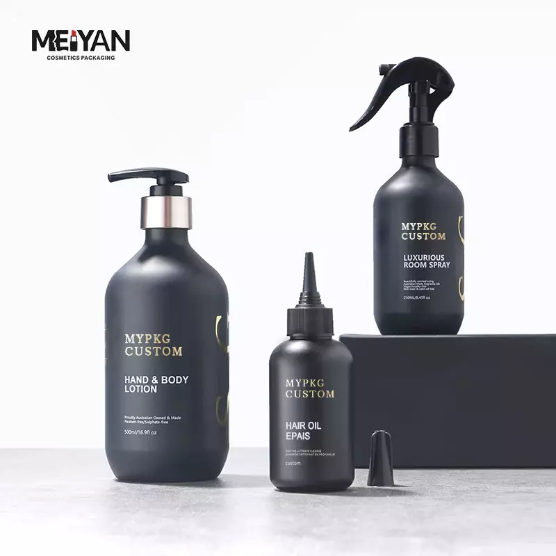 MYPACK luxury round shoulder pet black mist spray bottle 200ml 250ml 500ml matte black spray bottle with trigger spray