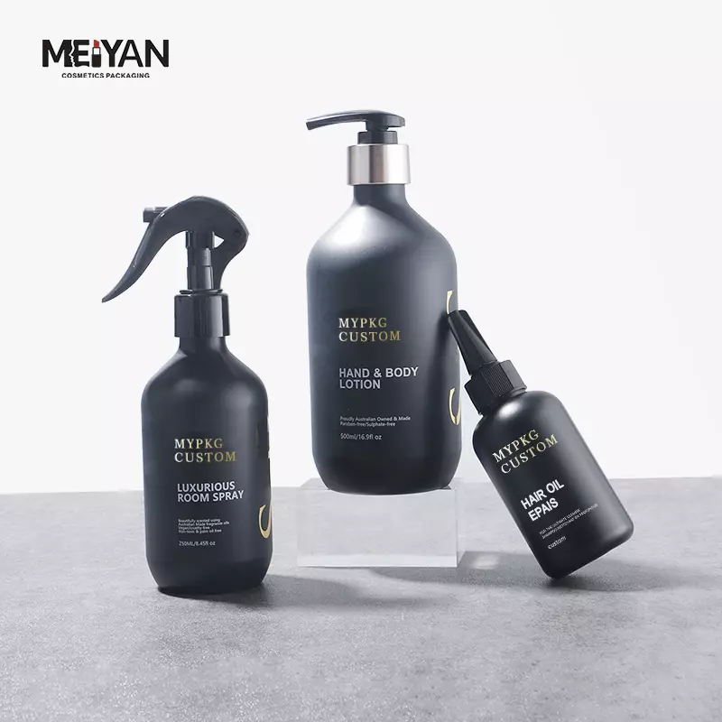 MYPACK luxury round shoulder pet black mist spray bottle 200ml 250ml 500ml matte black spray bottle with trigger spray