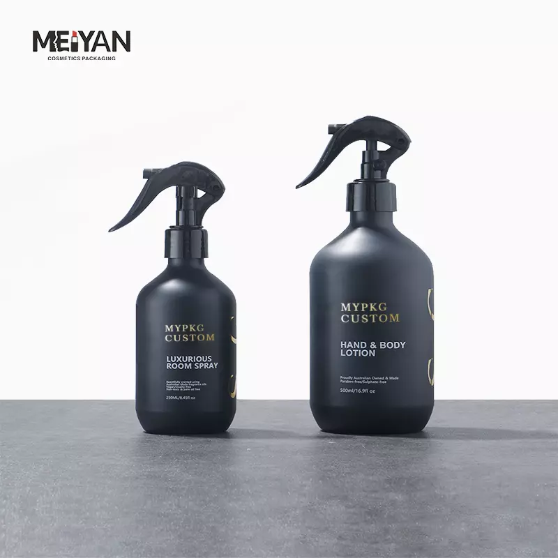 MYPACK luxury round shoulder pet black mist spray bottle 200ml 250ml 500ml matte black spray bottle with trigger spray