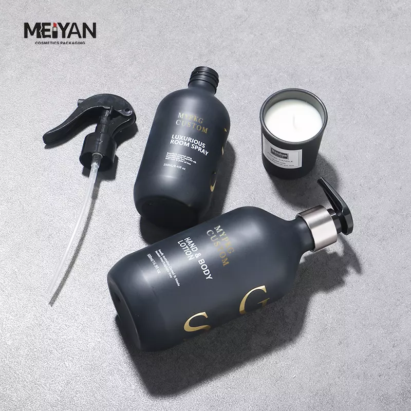 MYPACK luxury round shoulder pet black mist spray bottle 200ml 250ml 500ml matte black spray bottle with trigger spray