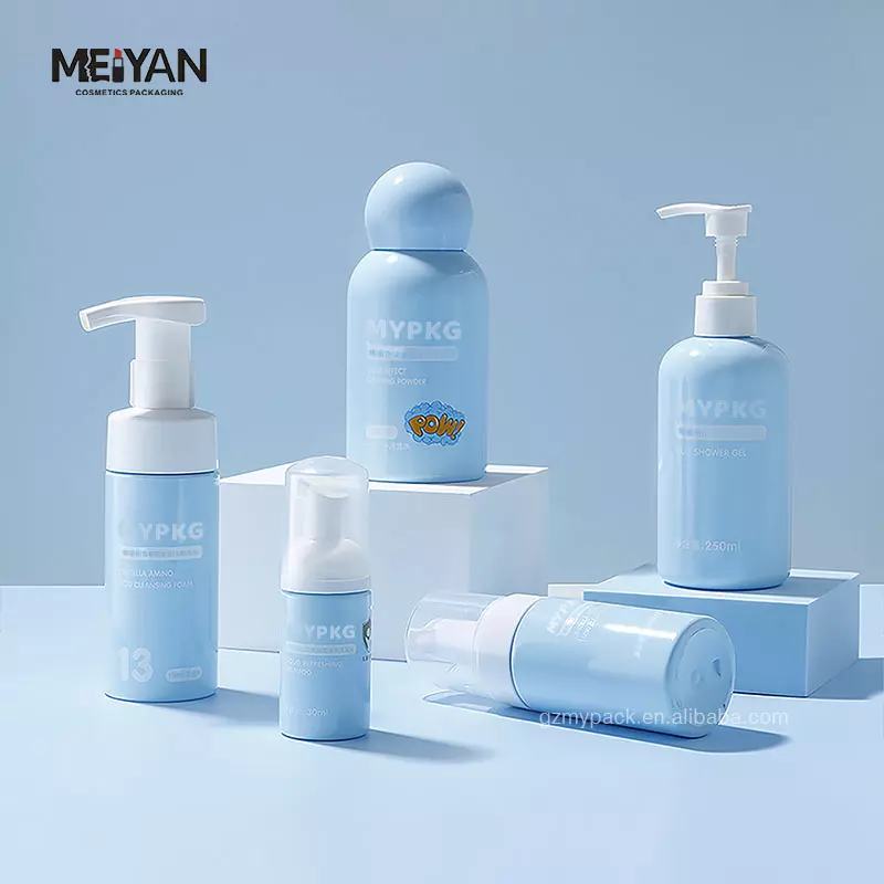 MYPACK round cute sky blue pet plastic120ml 250ml 350ml baby kids shampoo body wash lotion foam bottle set