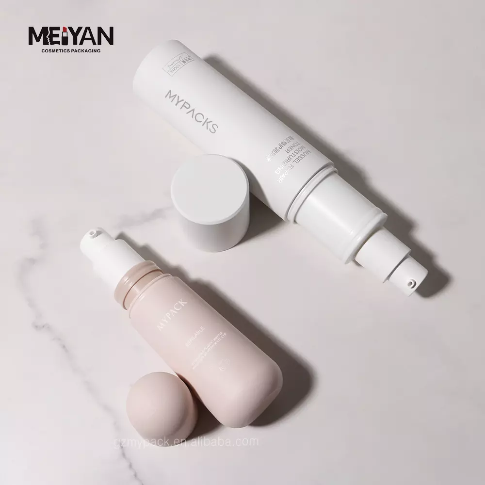 MYPACK custom PMU matte pink round replaceable face serum bottle biodegradable lotion dispenser bottle 30ml 120ml