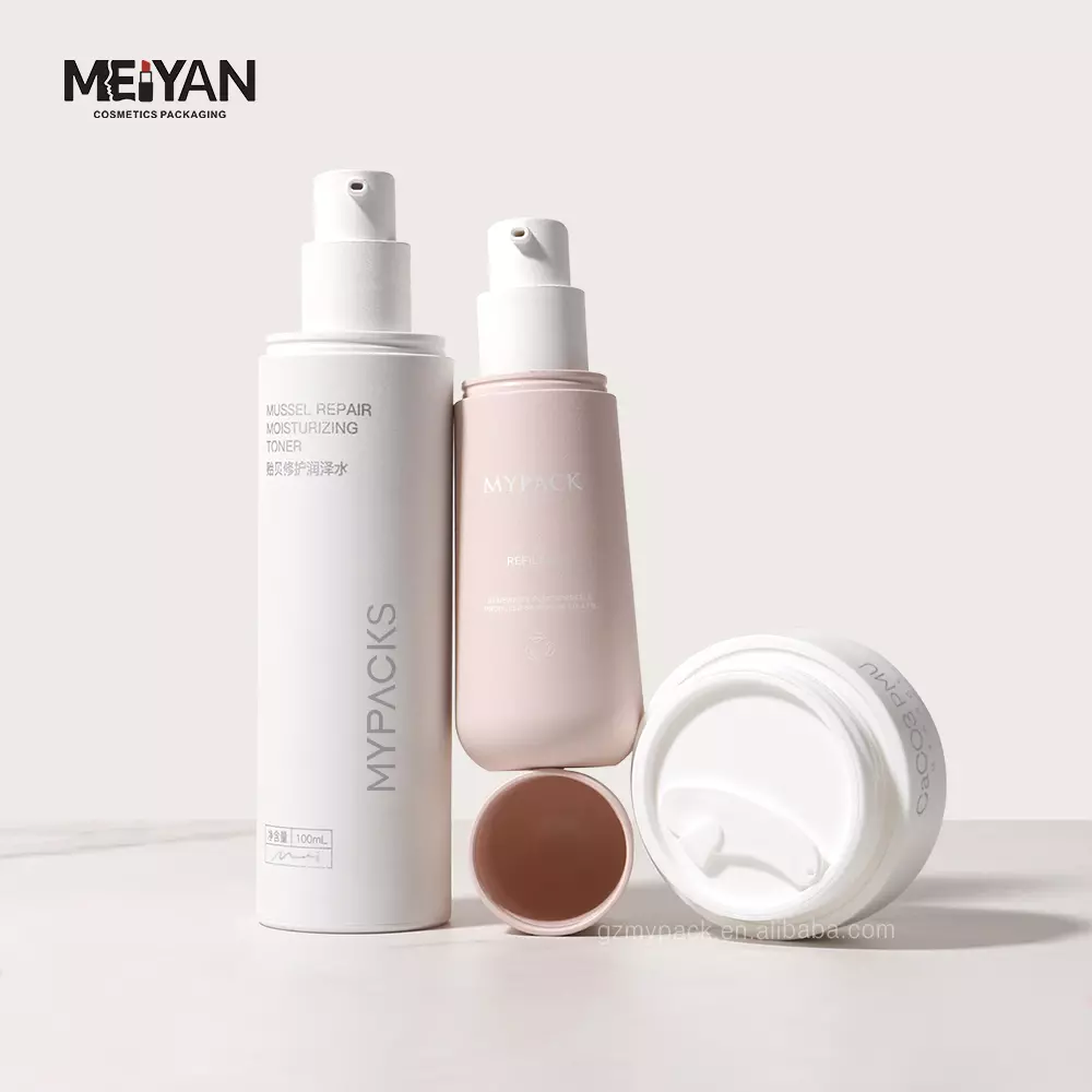 MYPACK custom PMU matte pink round replaceable face serum bottle biodegradable lotion dispenser bottle 30ml 120ml