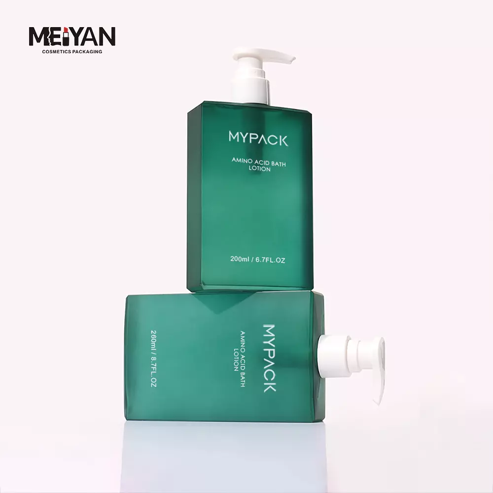 MYPACK custom petg green frosted square lotion pump shampoo bottle for hair shower gel conditioner 200ml 400ml