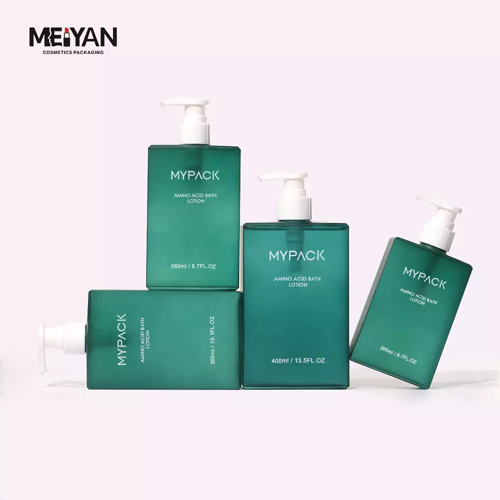 MYPACK luxury clear frosted green petg plastic 200ml 300ml 400ml flat square shampoo and conditioner body wash pump bottle