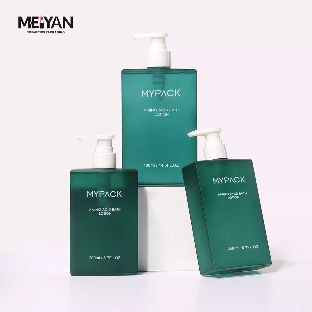 MYPACK custom petg green frosted square lotion pump shampoo bottle for hair shower gel conditioner 200ml 400ml