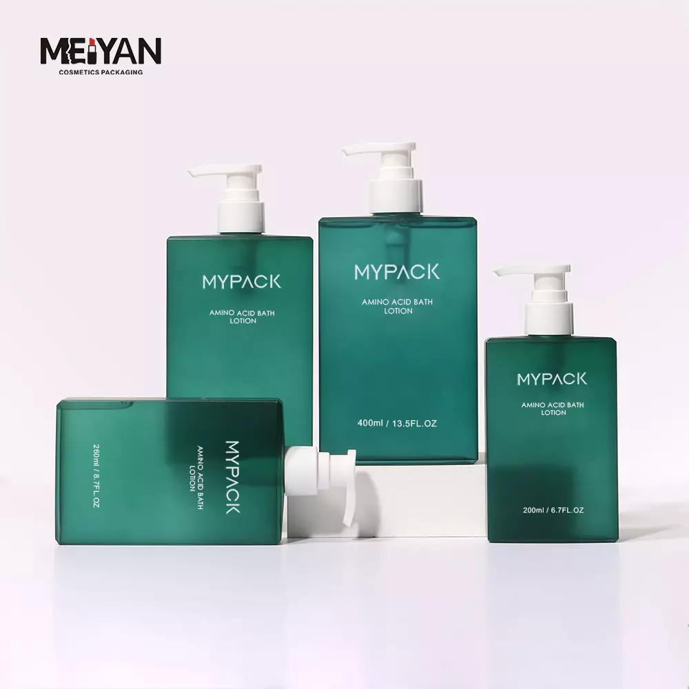 MYPACK luxury clear frosted green petg plastic 200ml 300ml 400ml flat square shampoo and conditioner body wash pump bottle