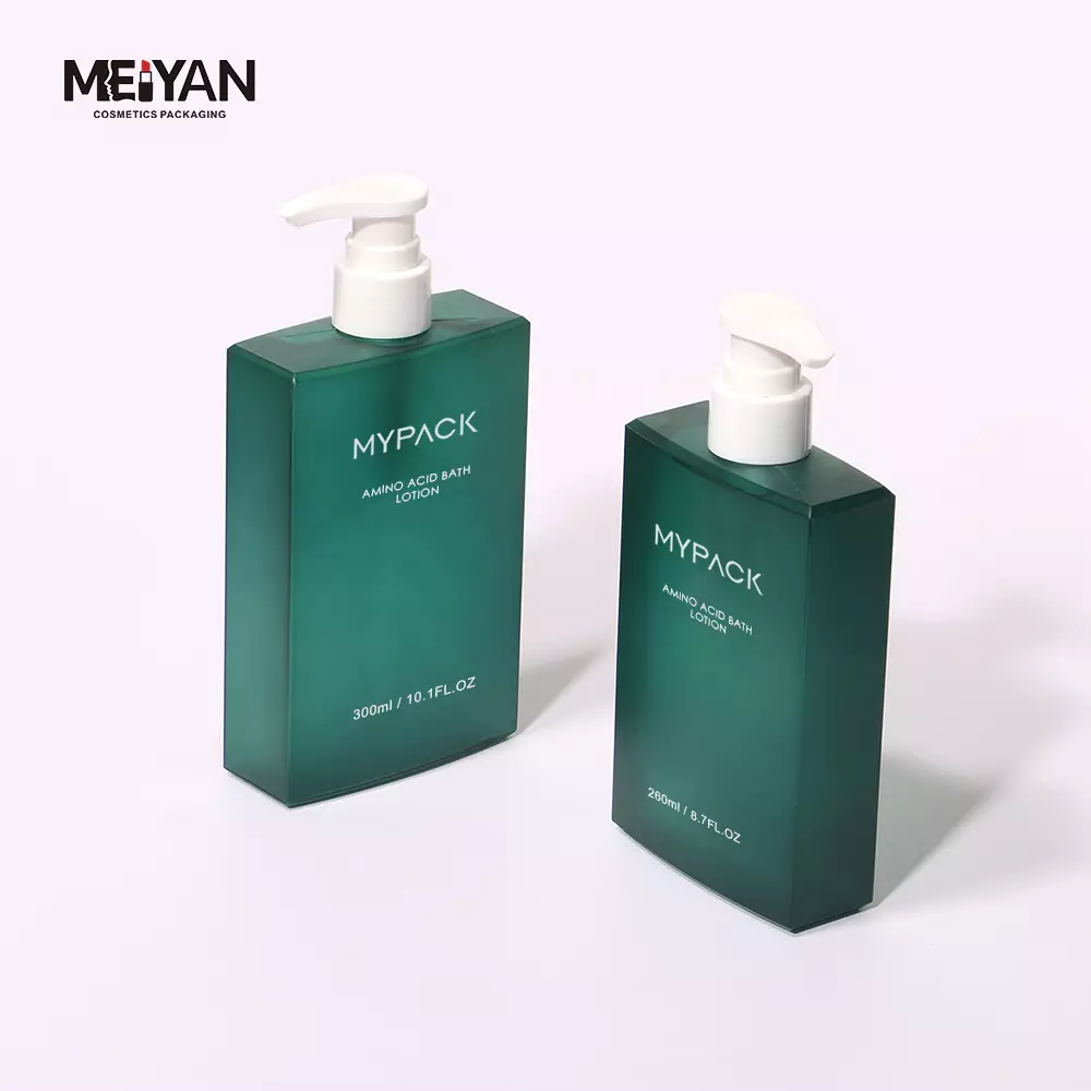 MYPACK luxury clear frosted green petg plastic 200ml 300ml 400ml flat square shampoo and conditioner body wash pump bottle