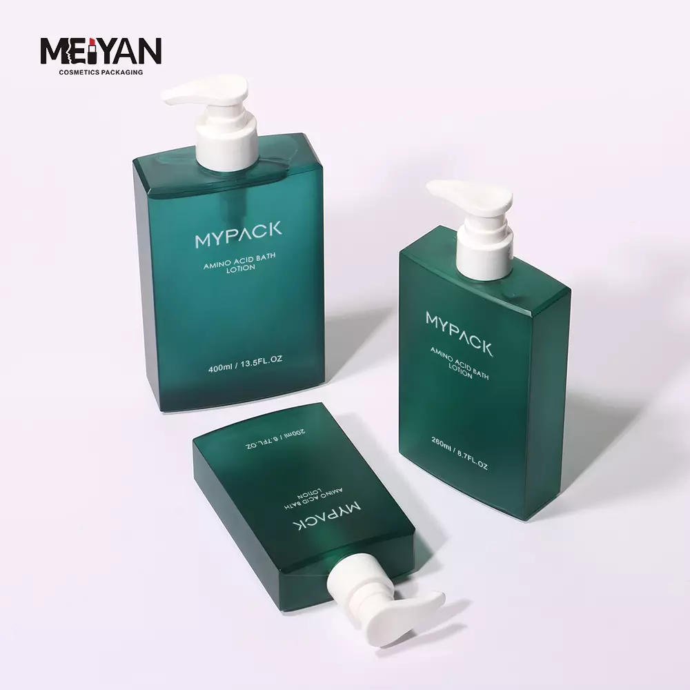 MYPACK luxury clear frosted green petg plastic 200ml 300ml 400ml flat square shampoo and conditioner body wash pump bottle