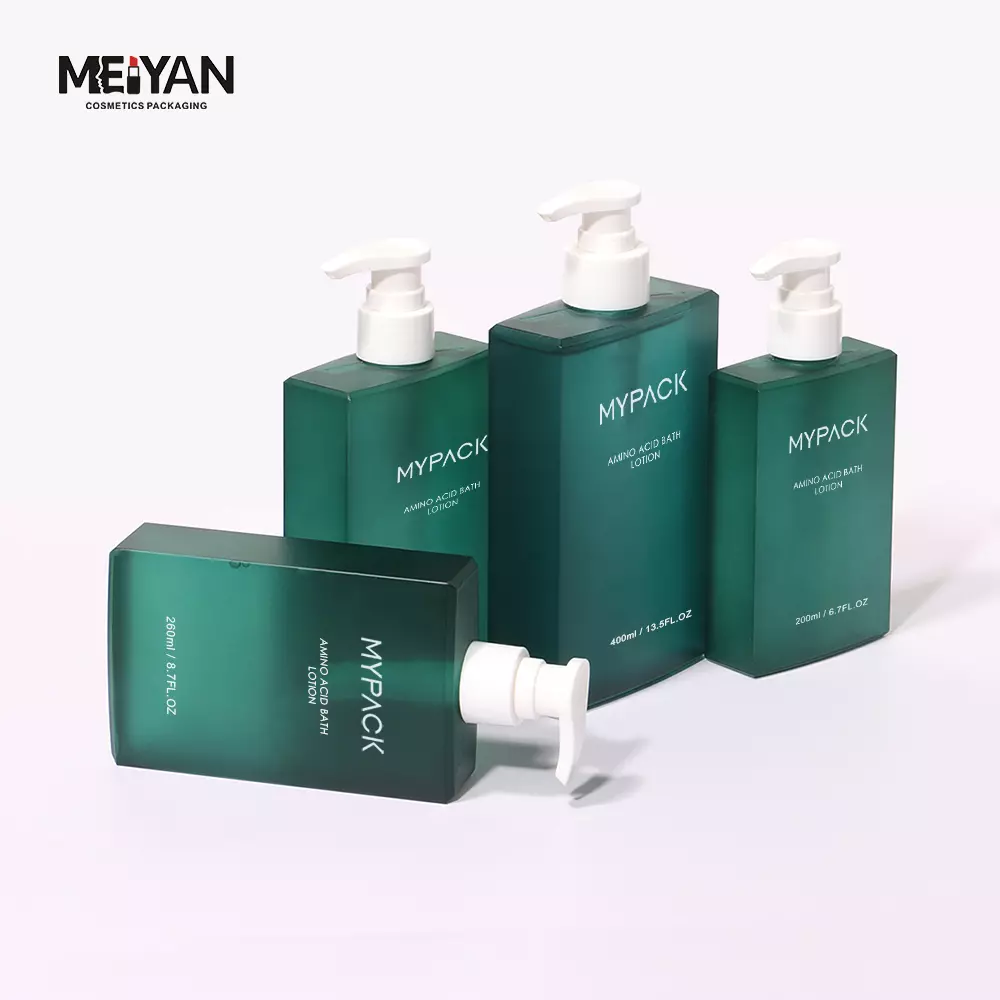 MYPACK custom petg green frosted square lotion pump shampoo bottle for hair shower gel conditioner 200ml 400ml