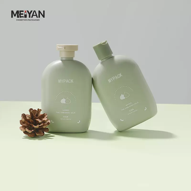 MYPACK flat round shape squeeze hdpe 350ml green plastic empty skincare facial cleanser shampoo bottles with flip top cap