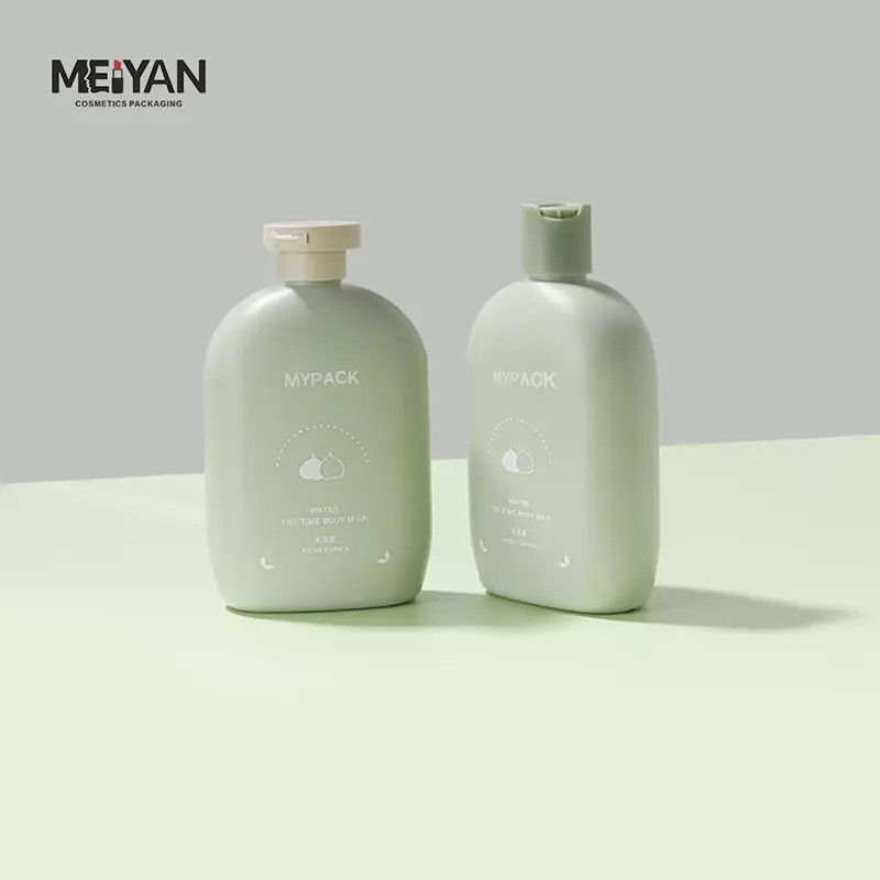 MYPACK flat round shape squeeze hdpe 350ml green plastic empty skincare facial cleanser shampoo bottles with flip top cap