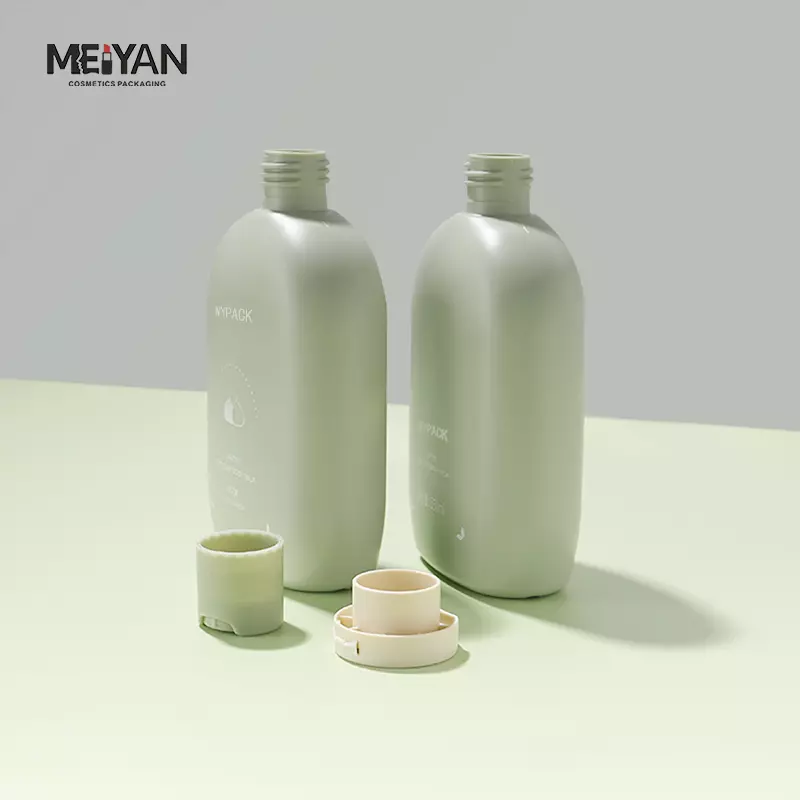 MYPACK flat round shape squeeze hdpe 350ml green plastic empty skincare facial cleanser shampoo bottles with flip top cap