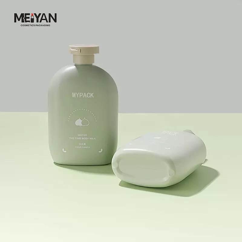 MYPACK flat round shape squeeze hdpe 350ml green plastic empty skincare facial cleanser shampoo bottles with flip top cap