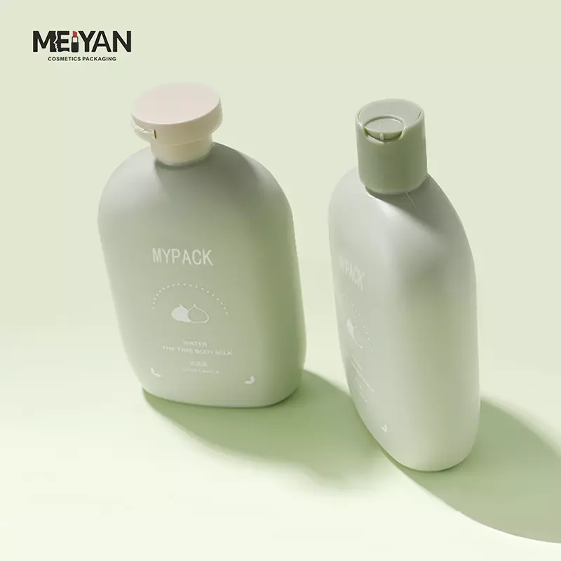 MYPACK flat round shape squeeze hdpe 350ml green plastic empty skincare facial cleanser shampoo bottles with flip top cap