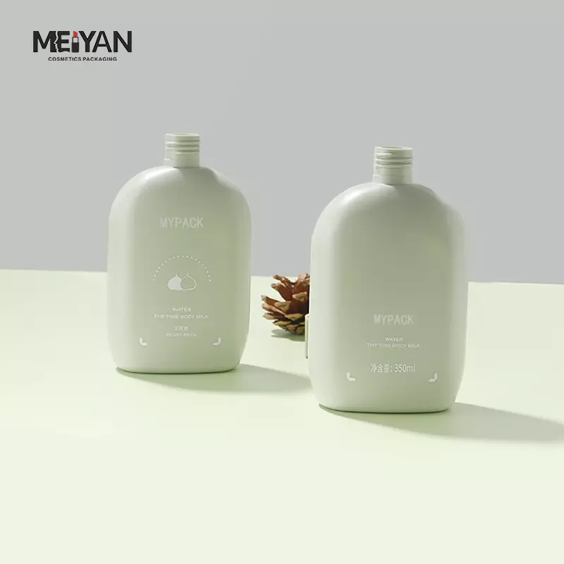 MYPACK flat round shape squeeze hdpe 350ml green plastic empty skincare facial cleanser shampoo bottles with flip top cap