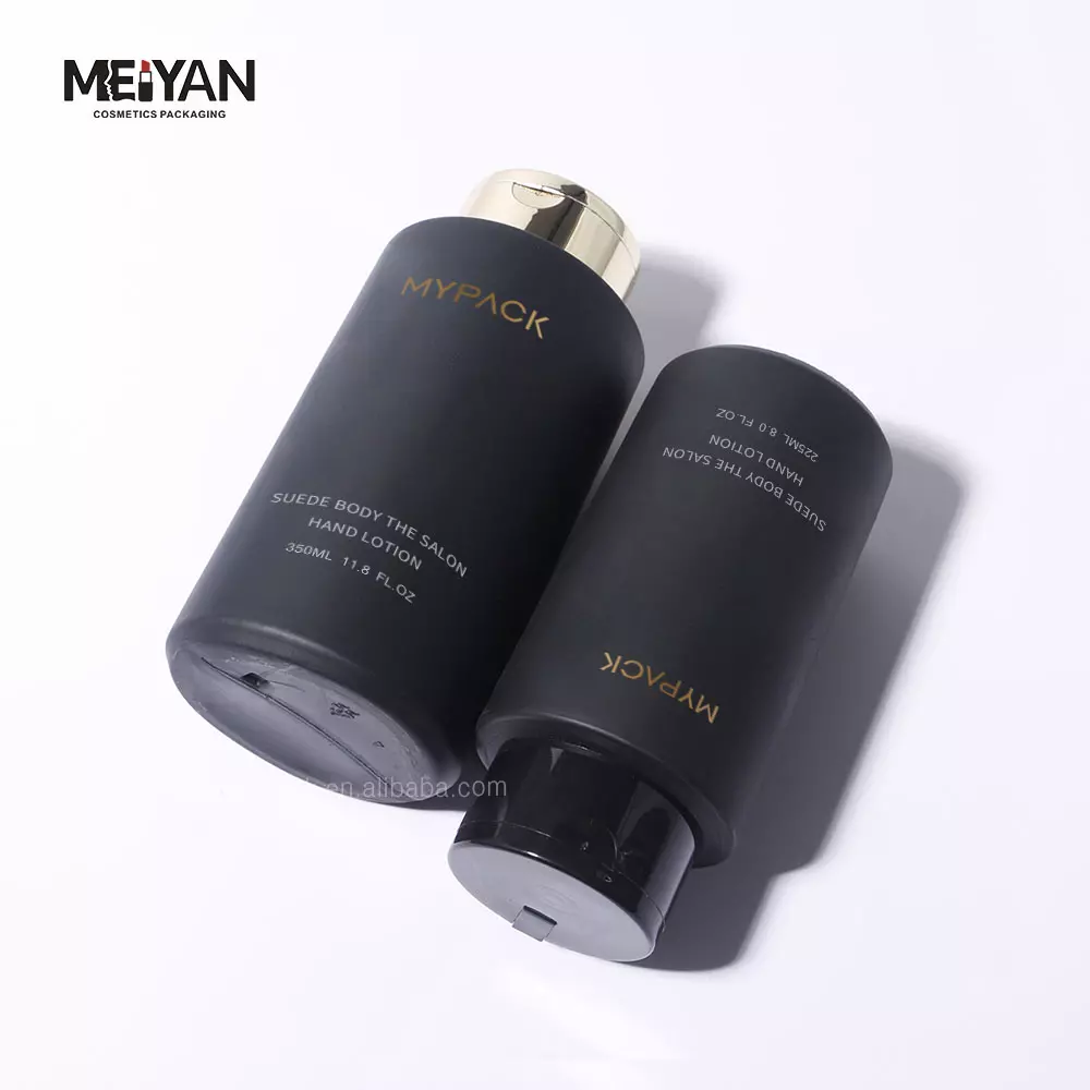 MYPACK recycled 8oz 10 oz 450ml black hdpe plastic shampoo lotion cylinder round soft touch squeeze bottles with caps