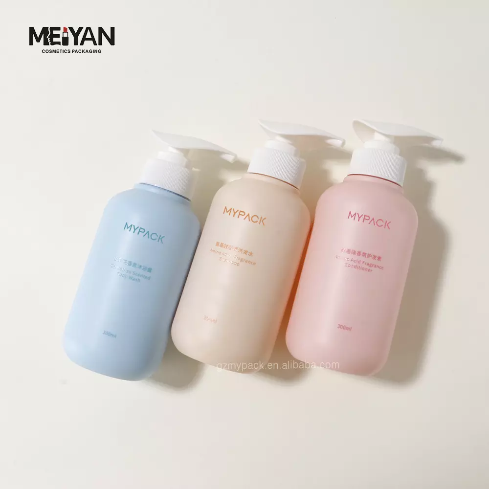 MYPACK custom pet frosted matte blue pink empty skincare round shape shampoo shower gels bottles with pump 300ml