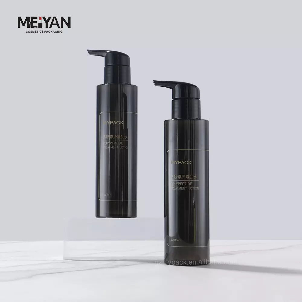 MYPACK black pet 150ml custom logo round cosmetic packaging plastic lotion hair oil lotion bottle with pump