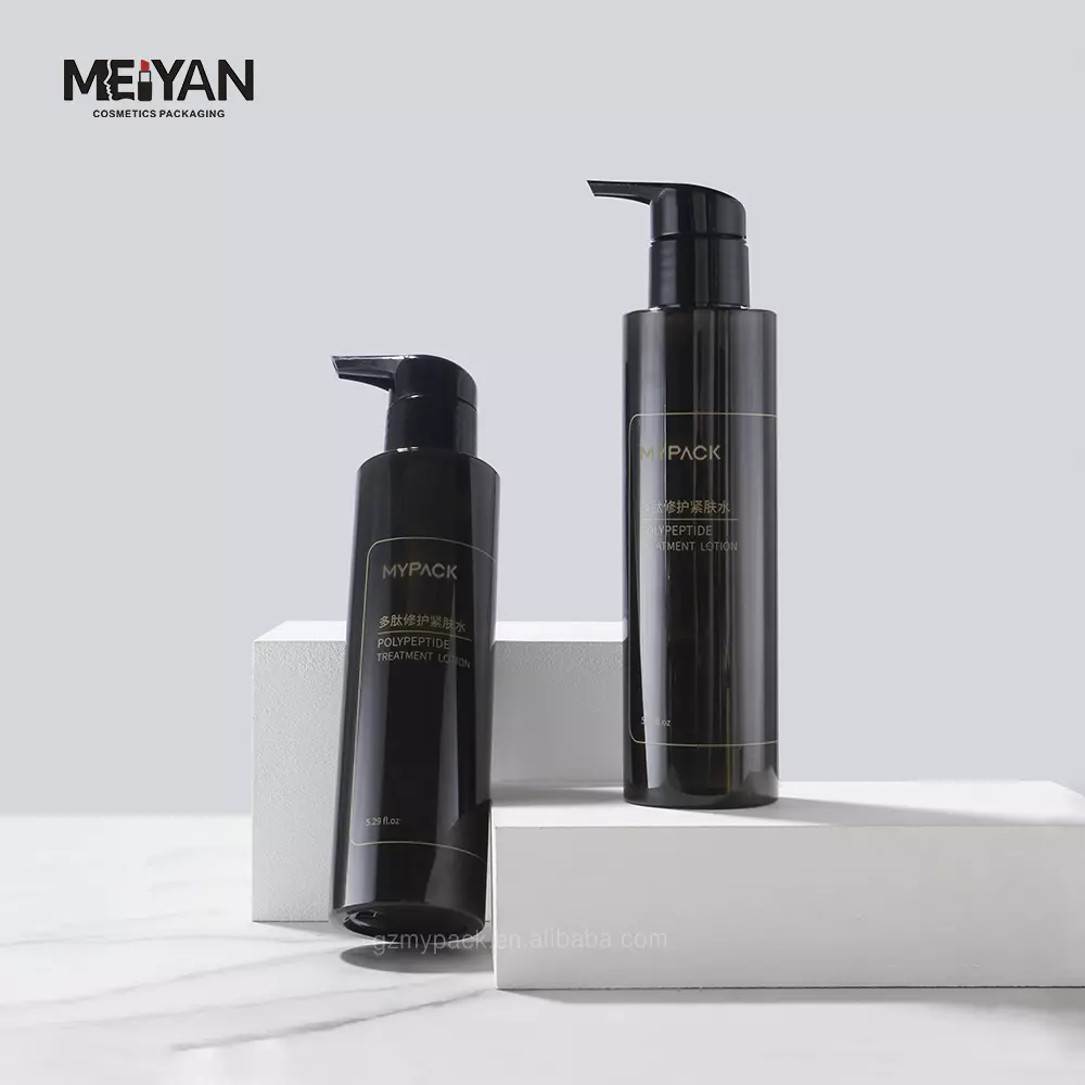 MYPACK black pet 150ml custom logo round cosmetic packaging plastic lotion hair oil lotion bottle with pump