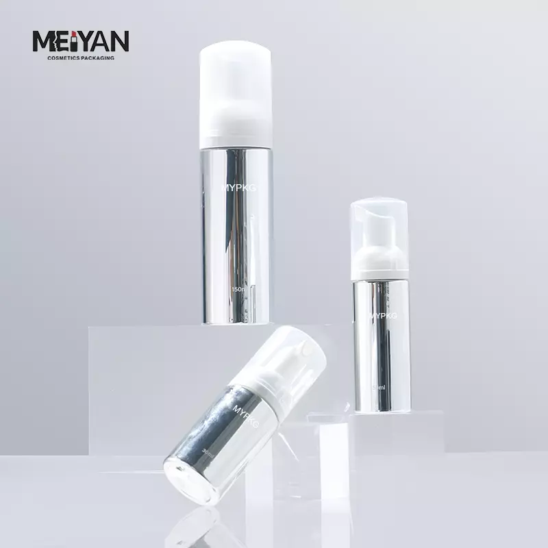 MYPACK luxury round silver aluminum plastic small foam bottle sample mini travel size 30ml 50ml 80ml 100ml foam pump bottle