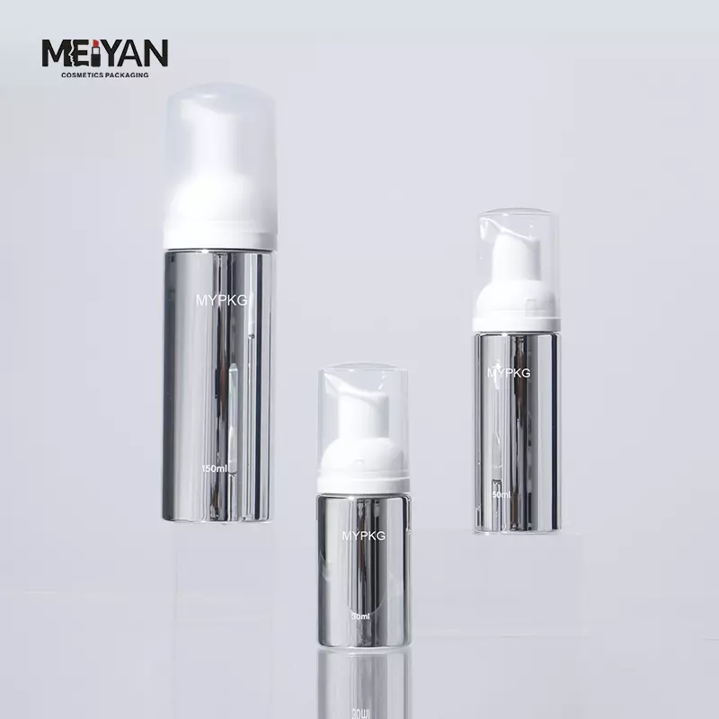 MYPACK luxury round silver aluminum plastic small foam bottle sample mini travel size 30ml 50ml 80ml 100ml foam pump bottle