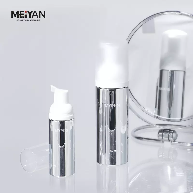 MYPACK luxury round silver aluminum plastic small foam bottle sample mini travel size 30ml 50ml 80ml 100ml foam pump bottle